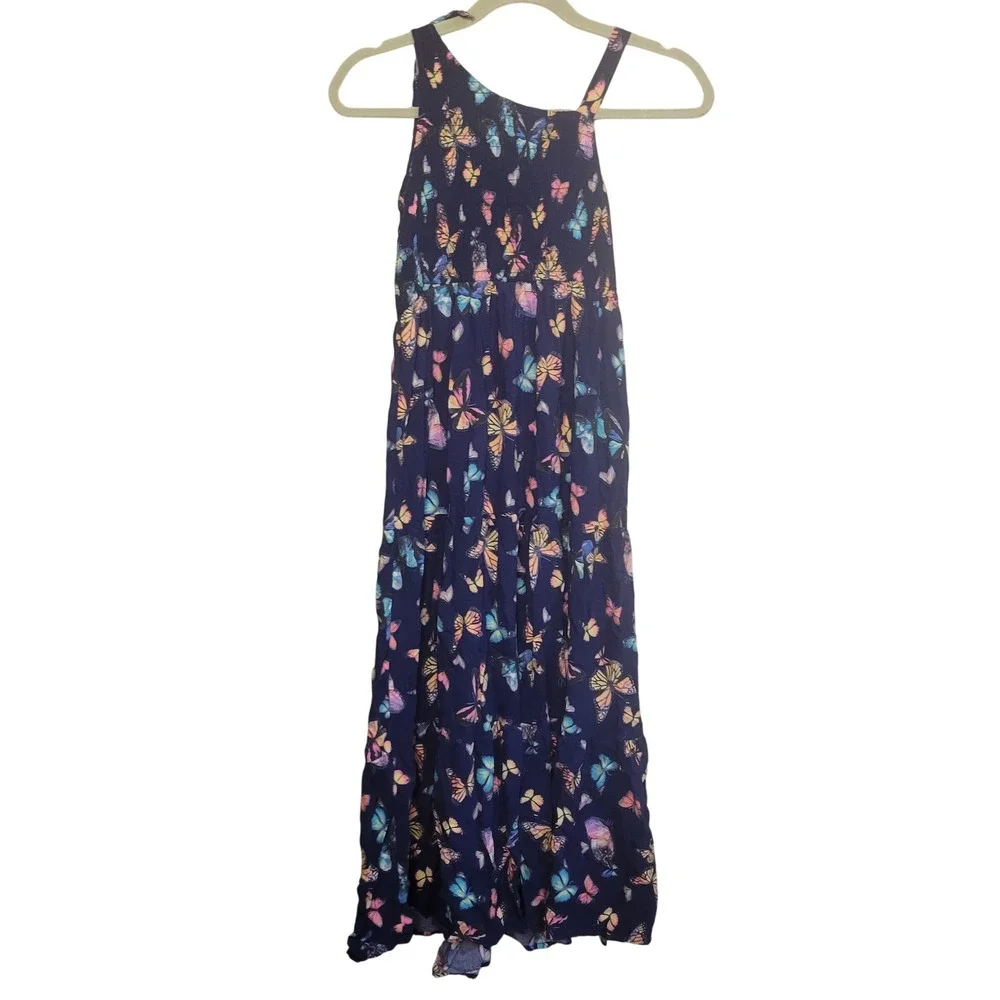 Justice Butterfly Maxi Dress Girls L 12/14 Navy Blue Excellent Tiered Smocked